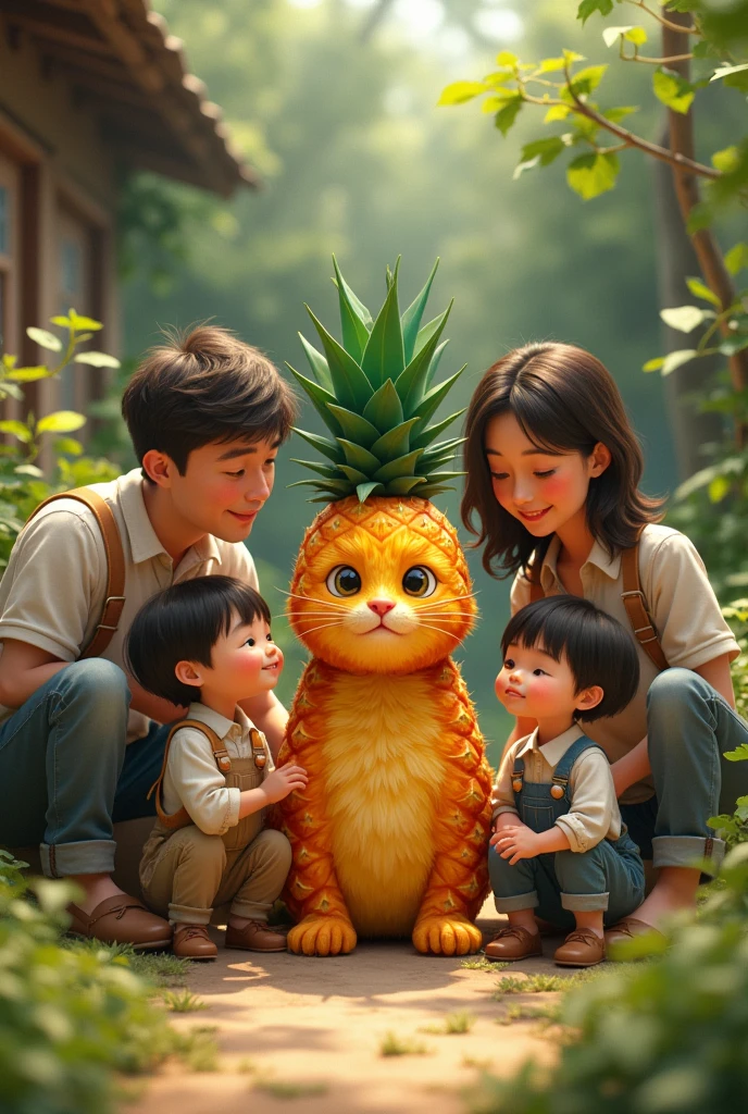 **Family Discovering Pineapplecat:** The farmer's family, dressed in casual home clothes, gathers around Pineapplecat, looking curious and excited.