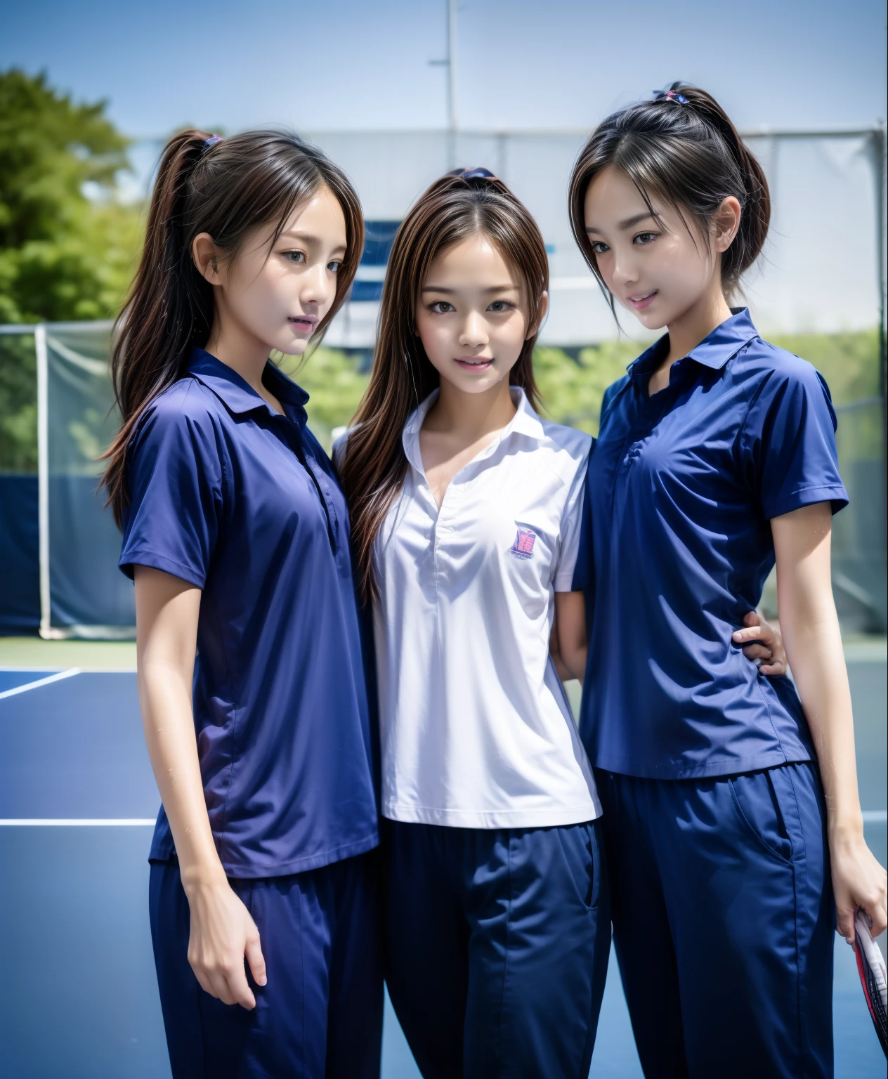 3 girls play tennis at tennis courts, Navy blue short-sleeved shirt,Navy Long Trackpant,Sweatpants, Sweatpantsขายาว,2 girl, lesbian, sexy, exercise clothes, wet body, exercise clothes