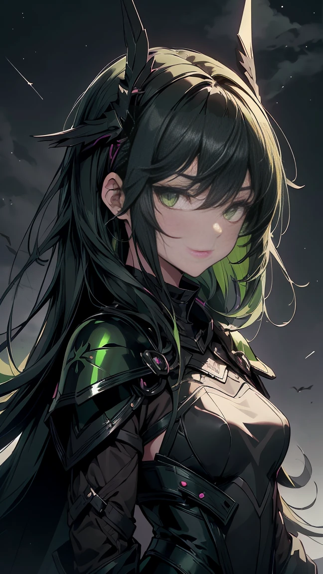 Highest quality、Precision、young woman、Expressionless、knight、Black armor、(Black and green odd eyes:1.3)、Anthropomorphic crow、(Night sky simple background:1.3)、Semi-long hair、Black Hair、Green inner color hair、Bust Shot、Small breasts、(Quiet atmosphere:1.4)