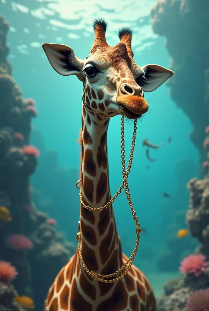 A giraffe with a diving snorkel in its mouth and gold chains around its neck