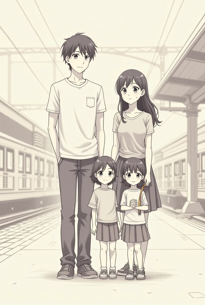 Make an sketch of family pencil drawing standing on station family of 4 in anime style with 2 child drawing