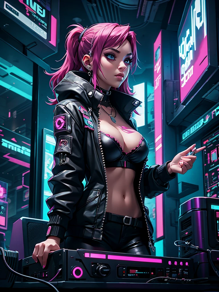 cyberpunk night club, beautiful busty DJ