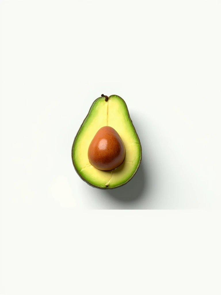 : A fresh avocado halved and displayed on a clean white background, the seed perfectly centered, and the vibrant green flesh glistening. 8k  