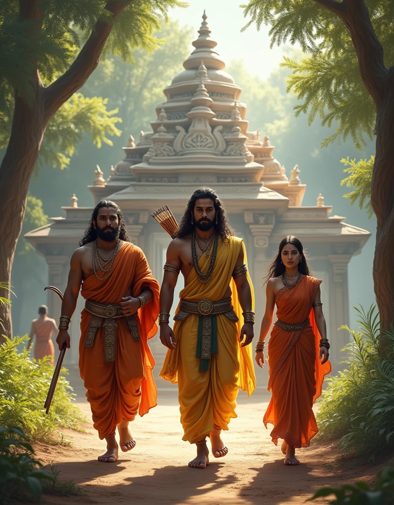 Create a realistic and detailed image of Lord Ram, Laxman, and Sita walking in the foreground. Lord Ram is leading the way, holding a bow in his hand, with Laxman close behind, carrying his bow and quiver of arrows. Sita is walking beside them, dressed in traditional attire, with a calm and graceful expression. In the background, there is a beautifully crafted ancient temple, its architecture reflecting the intricate designs of an era long past. The scene is set in a serene forest with a gentle light filtering through the trees, casting soft shadows on the ground. The image should be in a 4:5 ratio, emphasizing the peaceful and divine atmosphere, with the temple symbolizing a sacred and spiritual place.