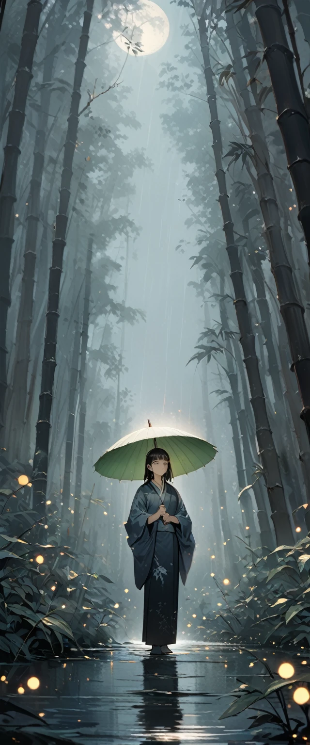 Dynamic ink painting of a Japanese bamboo forest, Great art, Amazing depth, Ground level shot, The most beautiful bamboo forest in the world, Bamboo leaves shining in rainwater, moon\(pale\) In light cloudy weather,alone, Beautiful One\(Aristocrats of Ancient Japan, Beautiful kimono, Beautiful long black hair\) looking up at the moon holding an umbrella,Light rain, Fireflies flying around, Bamboo leaves are arranged three-dimensionally in the foreground., Long Shot,Colorless,whole body