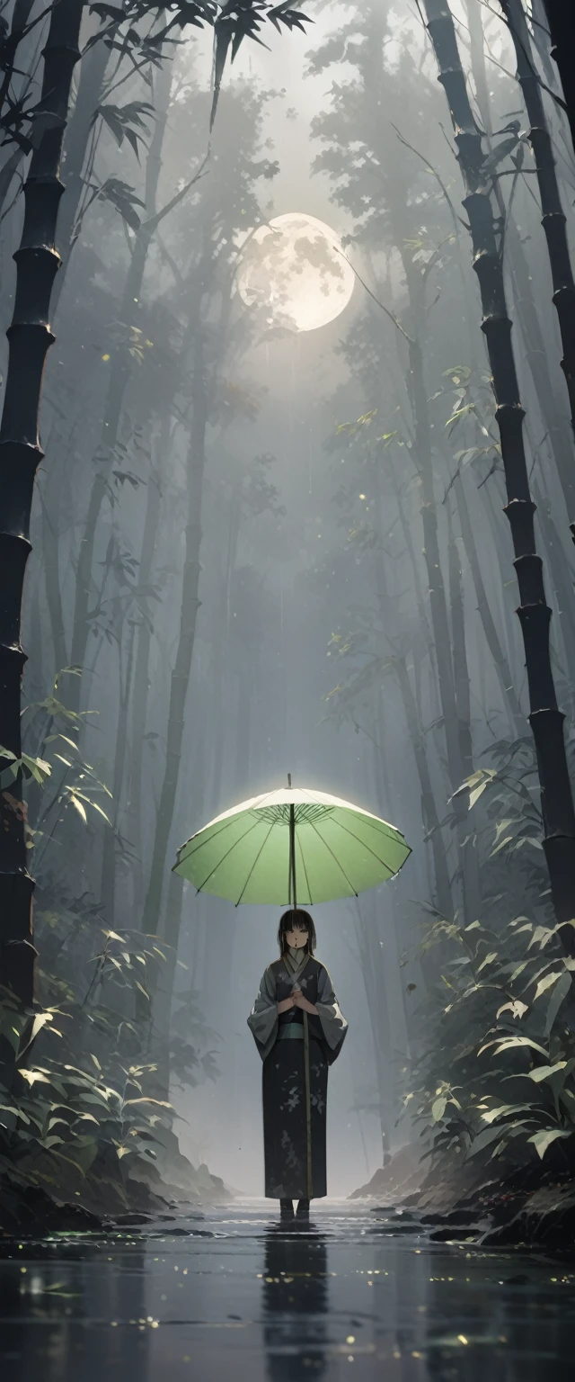 Dynamic ink painting of a Japanese bamboo forest, Great art, Amazing depth, Ground level shot, The most beautiful bamboo forest in the world, Bamboo leaves shining in rainwater, moon\(pale\) In light cloudy weather,alone, Beautiful One\(Aristocrats of Ancient Japan, Beautiful kimono, Beautiful long black hair\) looking up at the moon holding an umbrella,Light rain, Fireflies flying around, Bamboo leaves are arranged three-dimensionally in the foreground., Long Shot,Colorless,whole body