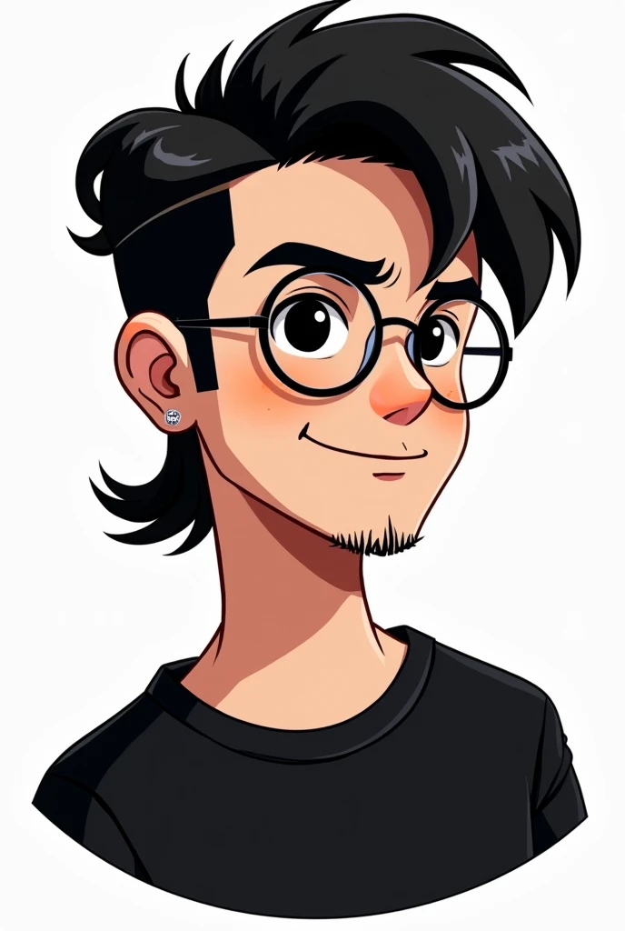 I want to create a series of stickers for WhatsApp and Telegram where the character is young, has a light skin tone, very dark black eyes with short hair, with a modern mullet cut, very dark black hair and a very dark stubble beard. He is wearing round glasses and a black t-shirt, and has a small earring visible in his left ear. His overall style is darker, fun and expressive, with bold contours and a clean, modern aesthetic.