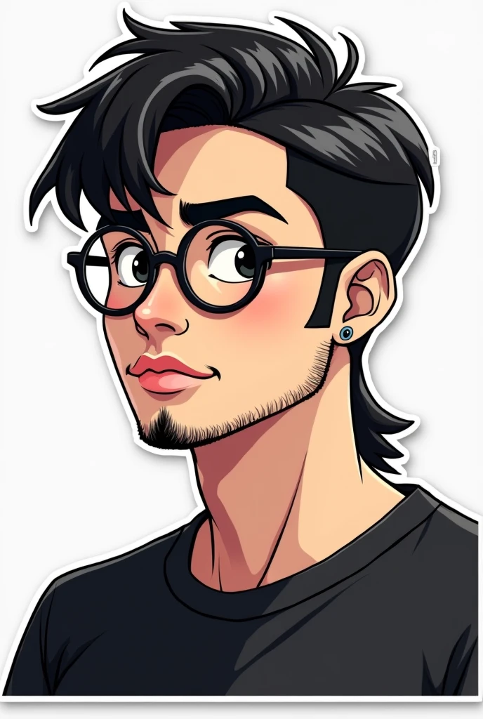 I want to create a series of stickers for WhatsApp and Telegram where the character is young, has a light skin tone, very dark black eyes with short hair, with a modern mullet cut, very dark black hair and a very dark stubble beard. He is wearing round glasses and a black t-shirt, and has a small earring visible in his left ear. His overall style is darker, fun and expressive, with bold contours and a clean, modern aesthetic.