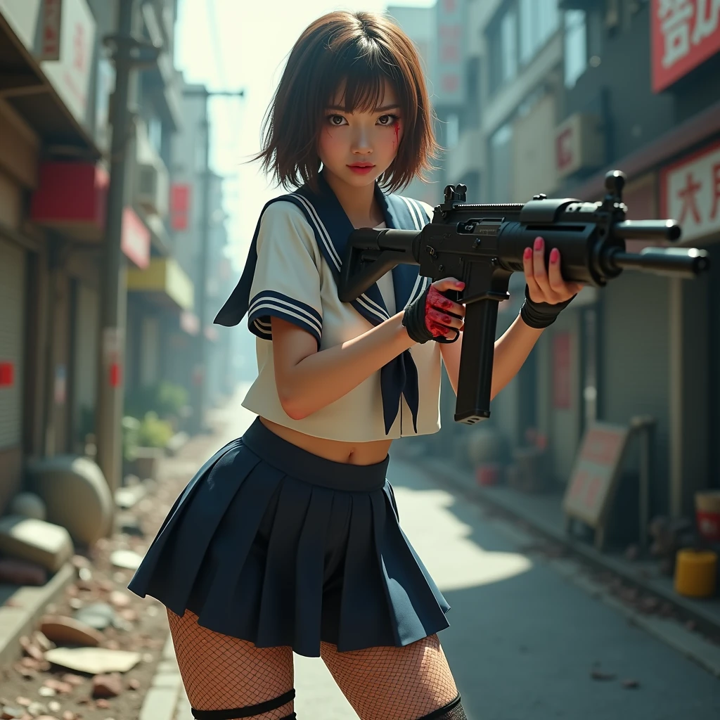 Browsing Caution:-2, Realistic Photography, legs apart:1.21, Photorealistic, Highly realistic photos, Portrait of a 1 Japanese woman:1.21, Elegant appearance, Cool woman, Cute Japanese woman'顔:1.21, Beautiful Japanese woman face:1.21, (She is holding up an assault rifle:1.5), Assault rifle barrel pointed at viewer:1.21, female killer, There&#39;s a lot of blood on her body.:1.21, sexy, Confident face, (Above the knee shot.:1.21), (Realistic photos:1.4), (masterpiece, Highest quality:1.2), RAW Photos, 32K High Resolution, Intricate details,Very detailed, (Flat Chest:1.21), Tight waist, Cute 顔, Light brown hair, (short hair:1.21), With drooping bangs, School uniforms, Sailor uniforms from famous Tokyo Metropolitan High Schools, Short sleeve clothing, Short-sleeved sailor uniform:1.21, sera fuku:1.21, The upper body is wearing a uniform:1.21, Show me your belly:1.21, Micro Mini Skirt:1.21, I can see her white panties:1.21, Knee-high fishnet stockings, Knee-high boots, Carrying a Japan sword on his back, Bust Top Float, Sharp eyebrows:1.37, Pink lipstick:0.95, Detailed face, Hostility, Pale skin:1.21, Fine skin, Glowing Skin:1.21, In Shibuya, Tokyo, which has become a slum, On the wide city streets, Slum buildings behind, Sunny daytime, Natural light illuminates her body.:1.37, Ray Tracing, Emotional, Dynamic and cinematic lighting, Browsing Caution:-2
