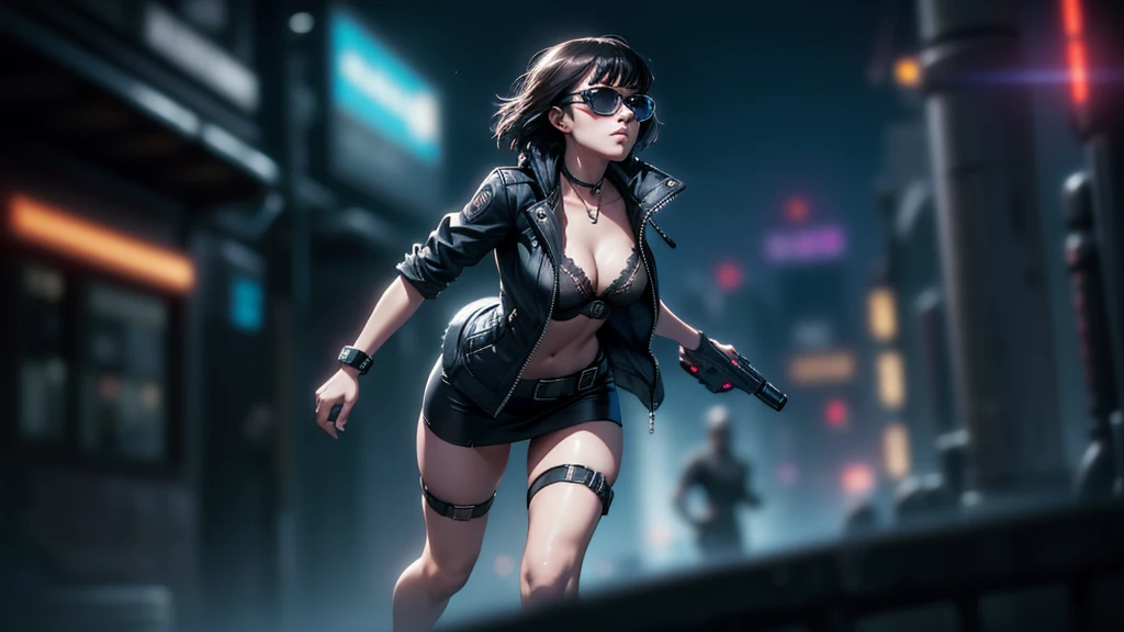 cyberpunk-style city with a nocturnal vibe with Blade Runner-like aesthetic references. At night, (1girl, solo, alone), medium-breast slim:0.6 body, oval:0.5 face, cleavage:1.1, sexy black laced bra, miniskirt, white laced panty, coat, (black micro sunglasses), (holding a short gun), (slightly leaning forward running pose), ((half-body thigh level medium shot)), cinematic lighting, ray tracing, motion blurred background.