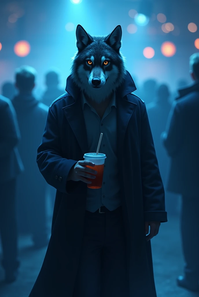a university wolf, he is wearing a dark  outfit for halloween, he has a drink in his hand, in the background there is a dance floor, The air is gloomy,  the reference color blue, the idea is to create suspense
