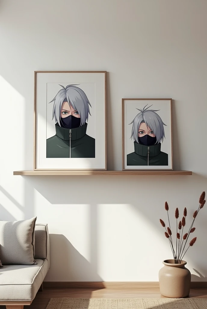 Empty living room wall with shelf and Kakashi pictures