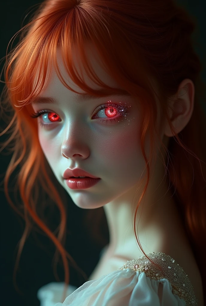 1girl, star eye, blush, perfect illumination, red hair, red eyes, unreal engine, sidelighting, detailed face, bangs, bright skin, simple background, dark background