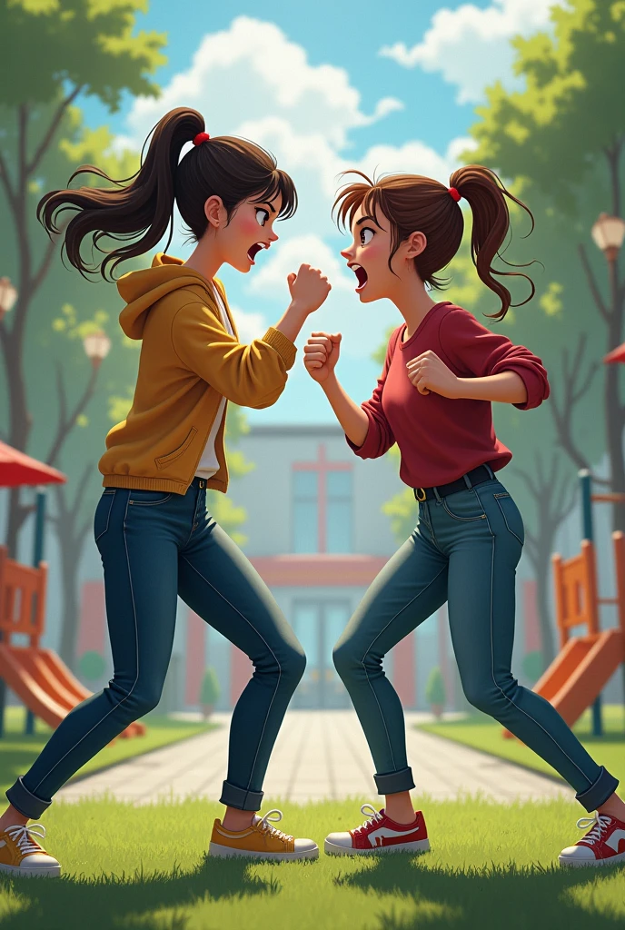 2 friends girls fighting at college in pants in playground angry face