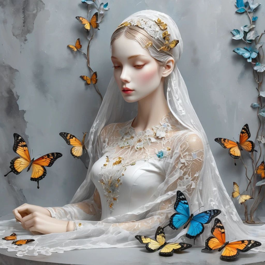 ((exhibition woman, lace table still life, curtain veil white,Art statues, 3D sculpture, ceramics colored, cracks on the surface, broken texture)), mercy, thin neck, show the beauty of nature. Black malachite theme, Kane, gold powder, lace, This work is presented on a gray background.., art, Highlight its artistic qualities, blue
small golden butterflies, Ray tracing, style, beautiful,