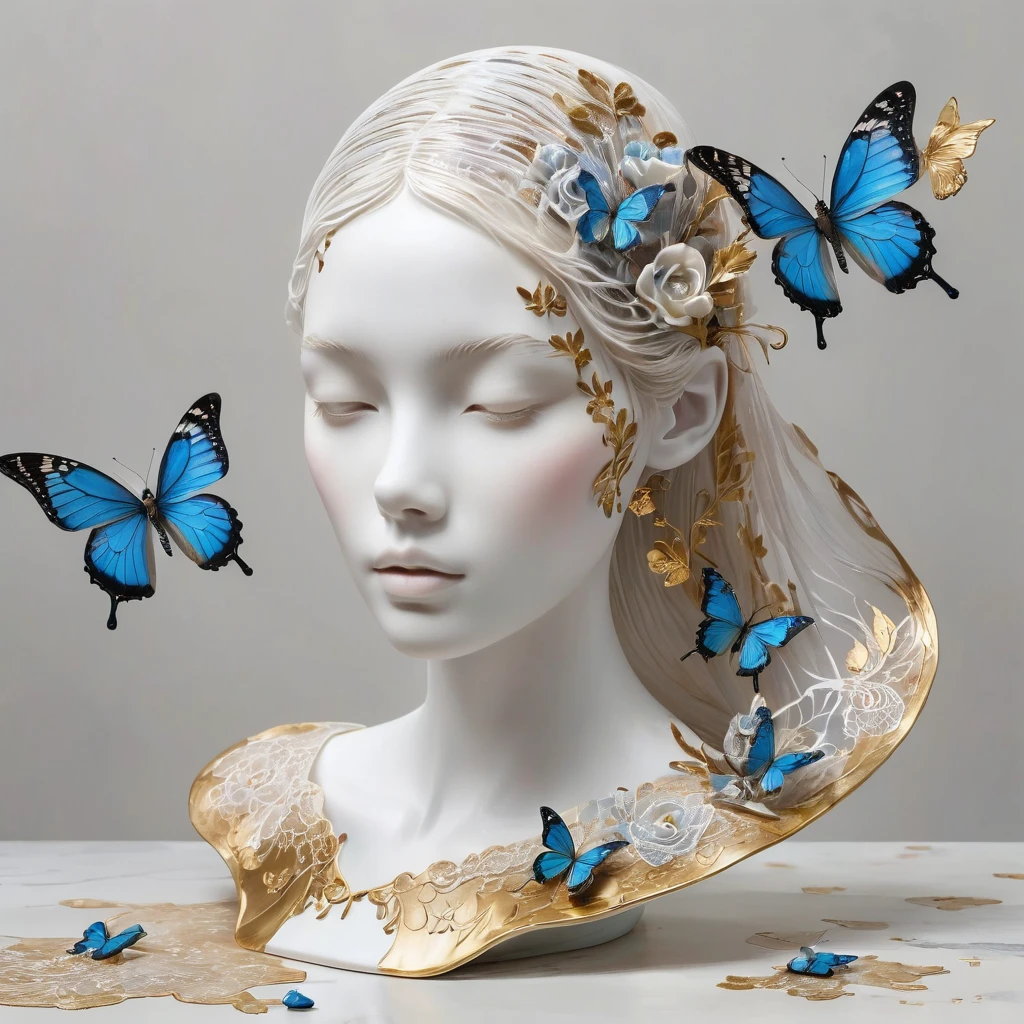 ((exhibition woman, lace table still life, curtain veil white,Art statues, 3D sculpture, ceramics colored, cracks on the surface, broken texture)), mercy, thin neck, show the beauty of nature. Black malachite theme, Kane, gold powder, lace, This work is presented on a gray background.., art, Highlight its artistic qualities, blue
small golden butterflies, Ray tracing, style, beautiful,
