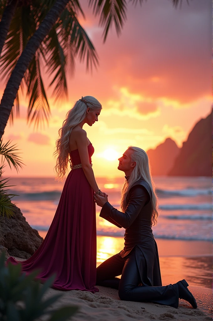 Viserra Targaryen, played by la actriz argentina, > (with platinum blonde hair and purple eyes) , y Daemon Targaryen, played by, the british actor > (long platinum blonde hair and violet eyes) , Both are on a peninsula near the beach, with the sunset in the background, y Daemon, He asks her to marry him on his knees, a Viserra, you are wearing your dragon riding clothes.