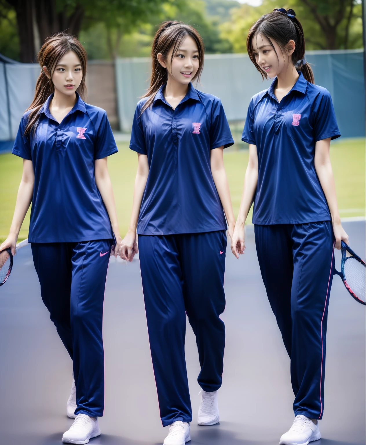 3 girls play tennis at tennis courts, Navy blue short-sleeved shirt,Navy Long Trackpant,Sweatpants, Sweatpantsขายาว,2 girl, lesbian, sexy, exercise clothes, wet body, exercise clothes