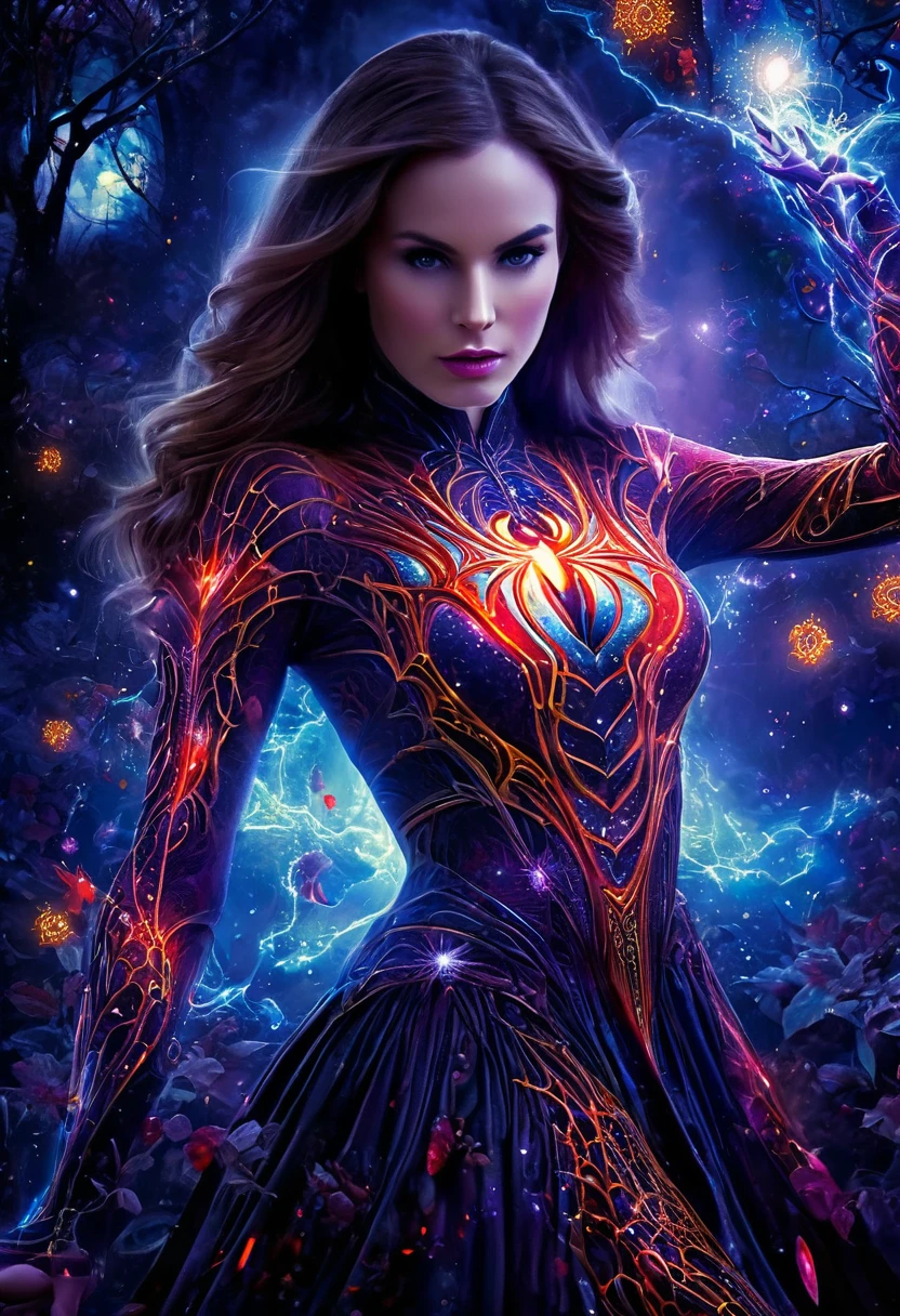 A noble lady in a beautiful evening gown transforms into Spider-Woman, (best quality, high resolution, Extremely detailed), (portrait, fantasy), Vibrant colors, Ethereal Lights, detailed lace pattern, Beautiful posture, Intricate web pattern, exquisite silk fabric, Mysterious atmosphere, Garden atmosphere at night.