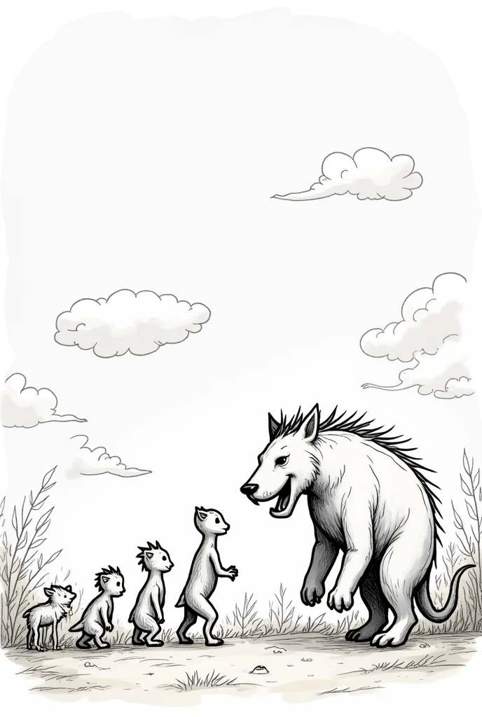 Make a childish comic strip with no color drawing only theory of evolution by natural selection with predators