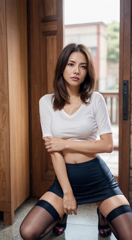 High resolution, attention to detail, masterpiece, rough skin, anatomically correct real human, realistic human, realistic: 1.37), 50-year-old beautiful European mature woman, alone, rough skin, face Wrinkles, sharp, her hairstyle is elegant semi-long permanent hair, she is squatting in a very bright room facing straight ahead with her crotches spread wide, her expression is a very angry face with a frown He is staring at me in front of me. 1. He is wearing a small business suit in navy blue that shows off his body line. 2. Underneath that, he is wearing a thin gray V-neck T-shirt that hugs his body. Wearing a shirt with nipples showing through, 3 (wearing a long elastic tight skirt that reaches to the knees), 4 (wearing dark brown thin stockings, 5 wearing a dark blue garter belt), 6 wearing heels ,7(((A woman with legs spread 60 degrees apart, both arms are on the knees in a squatting position))),8 Her panties are visible under her skirt. ,9 The front part of the panties is made of thin dark brown stocking fabric, and the front part is a T-back with an extremely thin T-front cut.10 The pubic hair and genitals inside the panties are made of thin fabric can be seen through.11((Inside the skirt) It looks good because of the lighting)),12(cameltoe(0.2),13(((Camera angle is from directly below her, her whole body is shot from directly below))),