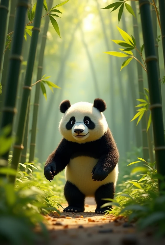 Panda Emerges**
   - **Prompt**: A real panda, with a curious and gentle demeanor, emerges from behind the bamboo. The panda's eyes are kind, and it is approaching Leo slowly. Leo looks up in surprise and amazement.