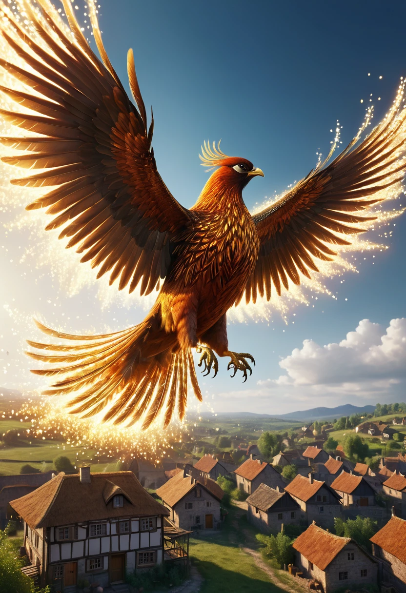 a phoenix, flying in the eyebright sky olden feathers shimmering, sparkling light particles dancing around it, flying over a poor village, (best quality,4k,8k, highest, masterpiece:1.2), ultra-detailed, (realistic,photorealistic,photo-realistic:1.37), highly detailed, professional lighting, cinematic, dramatic, fantasy, concept art
