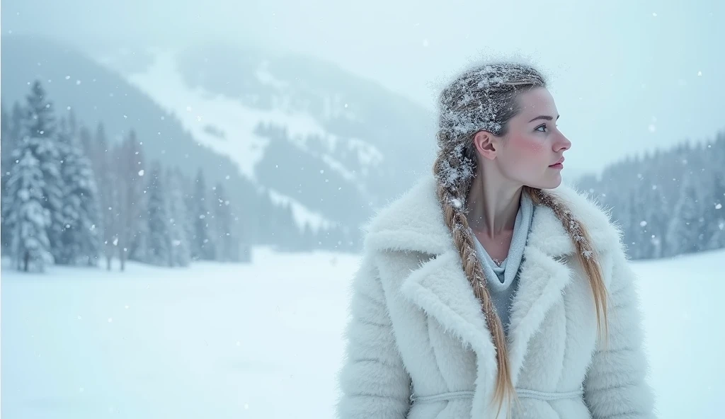 (RAW photo, realistic photo, high quality, masterpiece),Snow Scenery, very heavy snowing in the sky, snowing on the mountain, frozen woman, white background