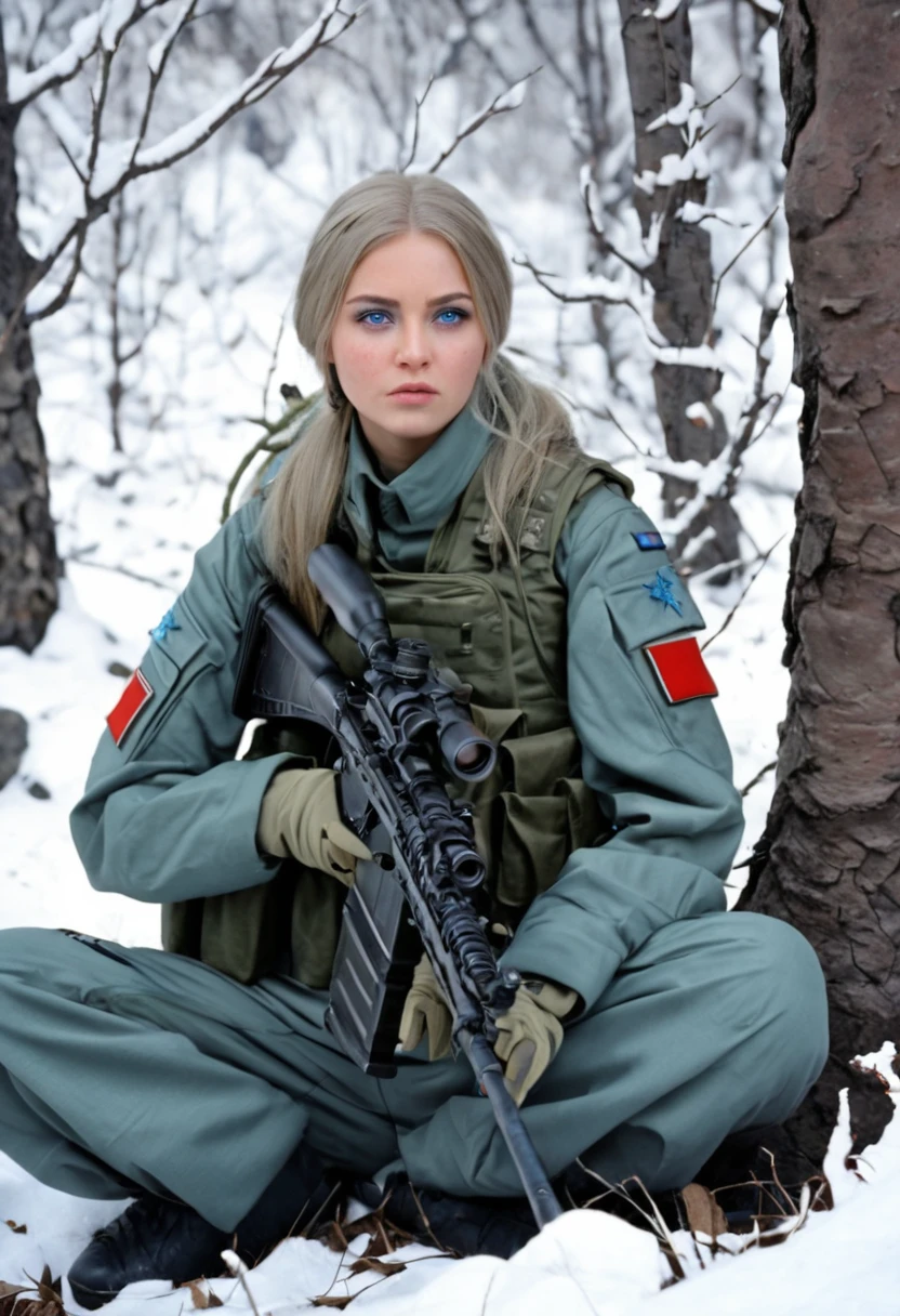 The girl is a Russian sniper in a military uniform, she has blue eyes and straight straw-colored hair, she has a weapon behind her, she is sitting in the forest by a tree on a stone, behind her are high snow-capped mountains, and it is snowing heavily