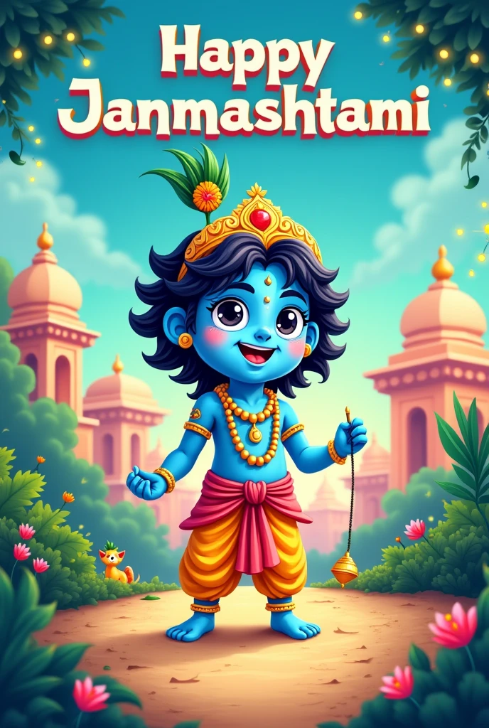 Make a happy janmashtami photo also write happy janmashtami on it and make it cartoonist and get rv some effect of blue and green colour 