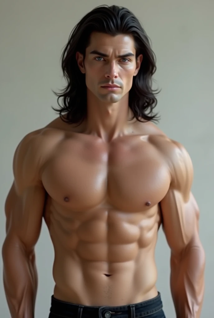 A handsome shirtless man, with long dark hair and fair skin, blue eyes and pink mouth, with a beautiful and muscular body