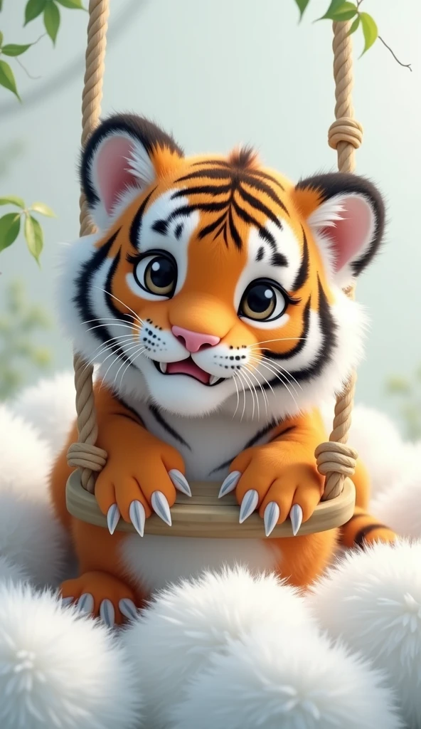 A cute little tiger sitting upright on a swing,Two claws grab the rope of the swing,Furry and cute big belly,