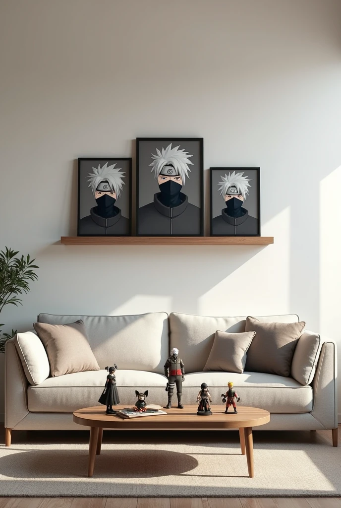 Empty living room wall with shelf and Kakashi pictures and a table of Naruto dolls