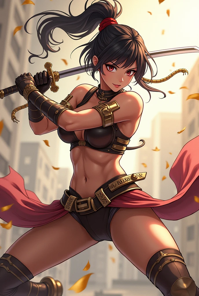((Best Quality)), ((masterpiece)), ((detailed)), ((High Definition)). A girl in anime style, Wearing revealing armor. She is pretty, attractive and sexy. He wears a harness on his waist., from which two golden strings emerge, which used to be ready to be pushed. He holds two swords, one in each hand. dynamic movement, fighting pose, She is using the two ropes to propel herself and swing through the air., while cutting the air with his two swords.