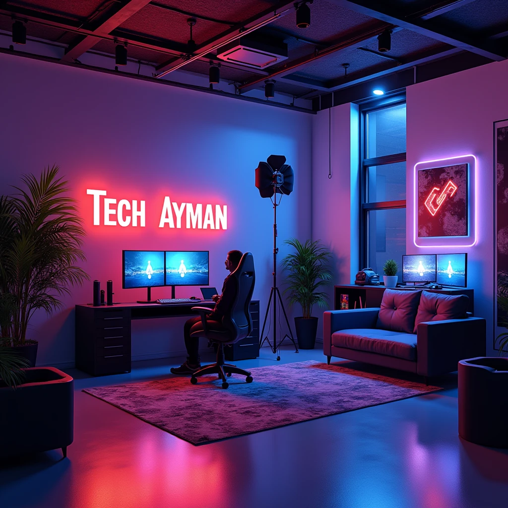 create an image of a youtuber's studio room with a subtle neon glow. Make a statement with bold "Tech Ayman " lettering, make sure the text is not misspelled