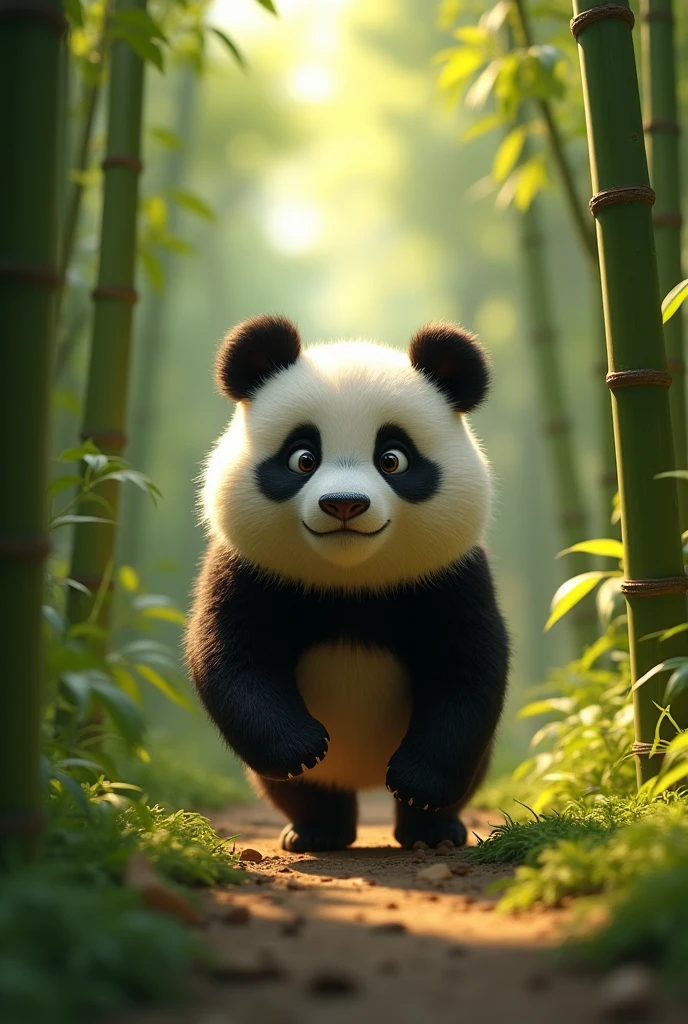 Panda Emerges**
- **Prompt**: A real panda, with a curious and gentle demeanor, emerges from behind the bamboo. The panda's eyes are kind, and it is approaching Leo slowly. Leo looks up in surprise and amazement.