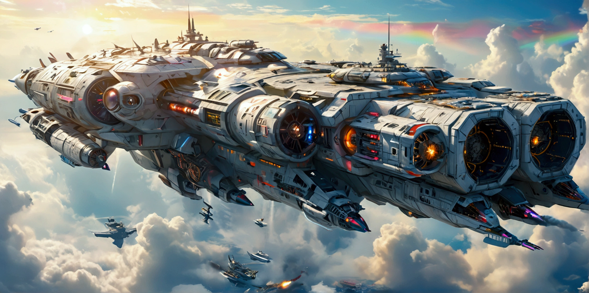 A long wide giant heavily armored divine futuristic flying all terrain biomechanical space battleship covered in rainbow batik pattern and glowing javanese runic symbols, multiple retractable cybernetic spider legs with wheels on the tip, divine halo, flying hovercraft, flying submarine, flying aircraft carrier, flying hotel, flying resort, flying city, flying skyscraper, flying cruise ship, flying yacht, flying castle, flying military base, multiple thrusters, multiple helipad, multiple propeller, mobile headquarters, mobile command center, automatic turrets, missile banks, missile defense system, multi-port rear engine arrays, large pivoted missile pods, anti-air batteries, reactive armour over vital spaces, VTOL thrusters, ventral ground-facing VTOL thruster bays, retractable center cannon, super carrier, sky carrier, space station, floating city, floating castle, white background