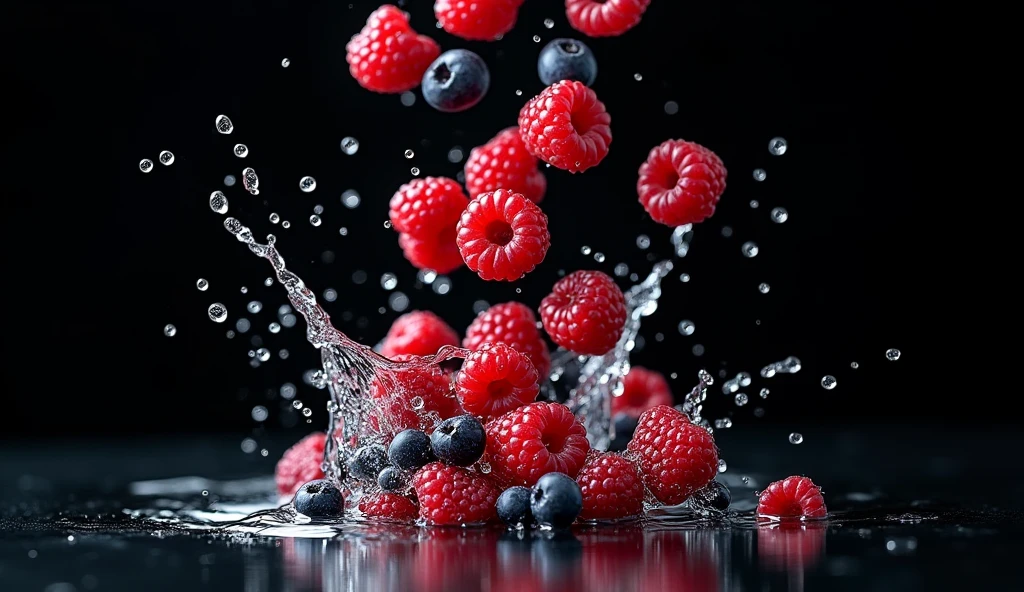 full shot advertising photography upper angle shot with a strong accent to berries falling down in slow motion in to the water with little splashes around on the black background tropical aesthetics food book photography 35 mm movie frame epic scene cinematic 3d, strong 8k uhd quality macro photography