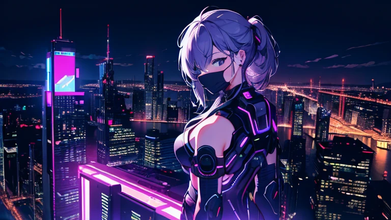 Very detailed,High resolution,4K,8k,masterpiece,High resolution,Late Night,Vibrant neon glow,A ninja looking down on the city from the rooftop of a building,A cyberpunk cityscape spreads out below