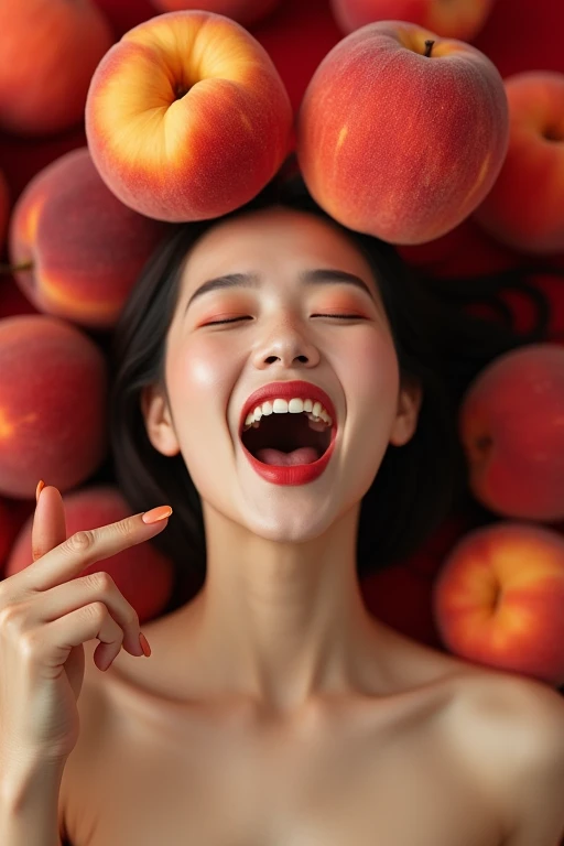 1 beautiful Chinese woman in her 30s。Facing forward、Mouth wide open。The expression is、Sexually lewd expression、Ecstatic expression、I feel a strong sense of ecstasy。The head is peeled、Wearing a large real peach。The chest is wide open。There are peaches all around。Covered in peaches。Fully clothed。Background、In the colors of the Chinese flag。9:In 16 sizes。Highest quality、A masterpiece please。