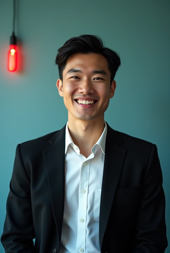 A young man with dark hair and a confident smile. He is dressed in a black blazer over a white shirt.The man is positioned Against Aqua colour backdrop with a subtle red lighting on the left side. And he posting for LinkedIn profile