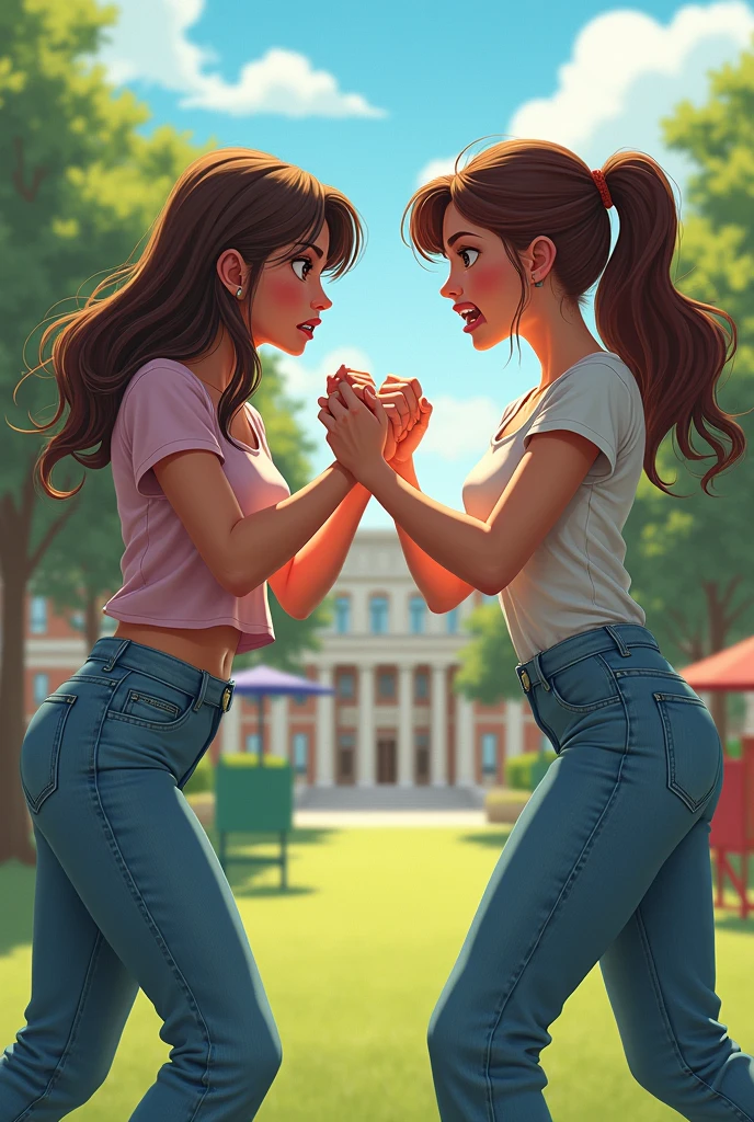 2 friends girls fighting at college in pants in playground angry face