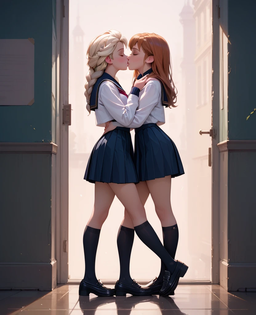 score_9, score_8_up, score_7_up, 2girls, 1girl (Anna) and 1girl (Elsa), side view, (full bodies in view), school uniforms, black school shoes, kissing, correct feet, correct ???????