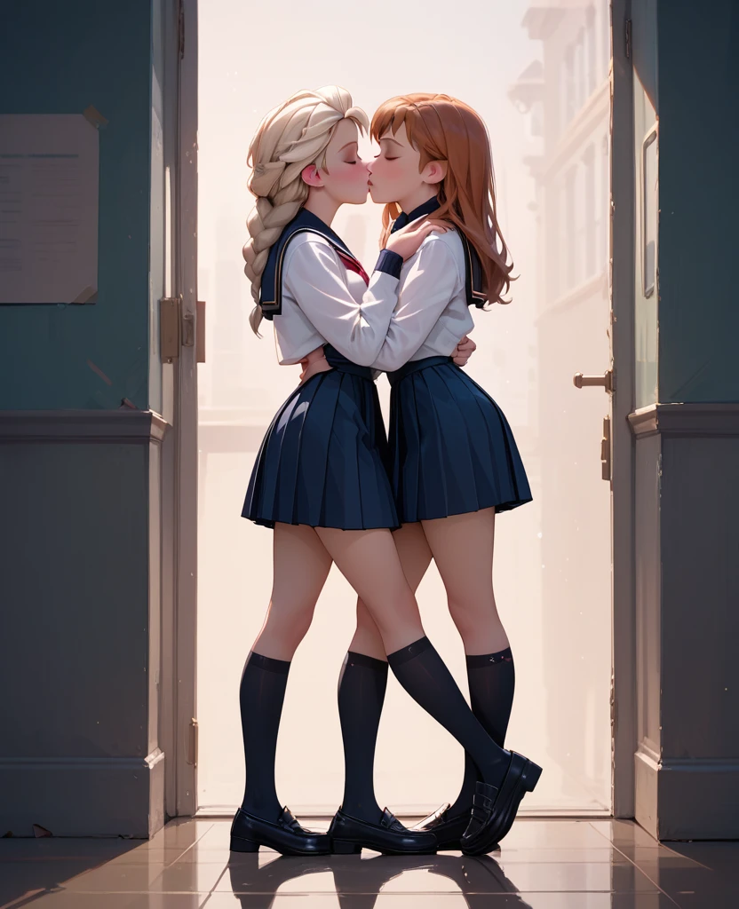 score_9, score_8_up, score_7_up, 2girls, 1girl (Anna) and 1girl (Elsa), side view, (full bodies in view), school uniforms, black school shoes, kissing, correct feet, correct anatomy