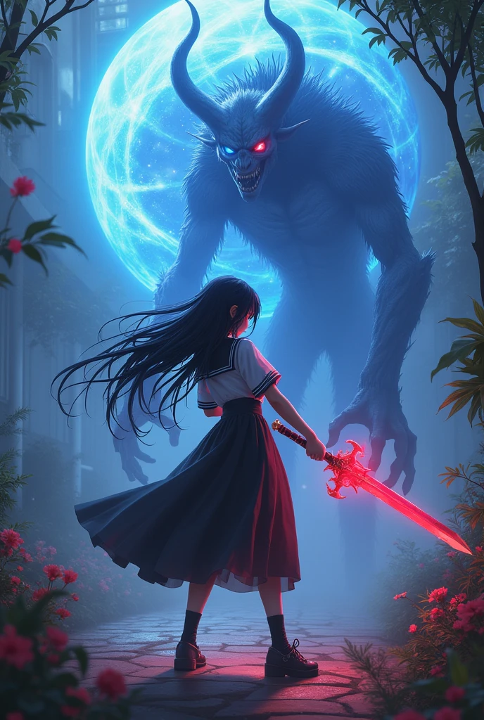 (photorealism:1.2), Beautiful animated female character brind demonic sword at his hand and sword shine dark red colour . Wearing black and white school uniform and one eye in red colour and second eye blue colour school garden and fight with true demon face to face creating a magical giant spell in blue colour