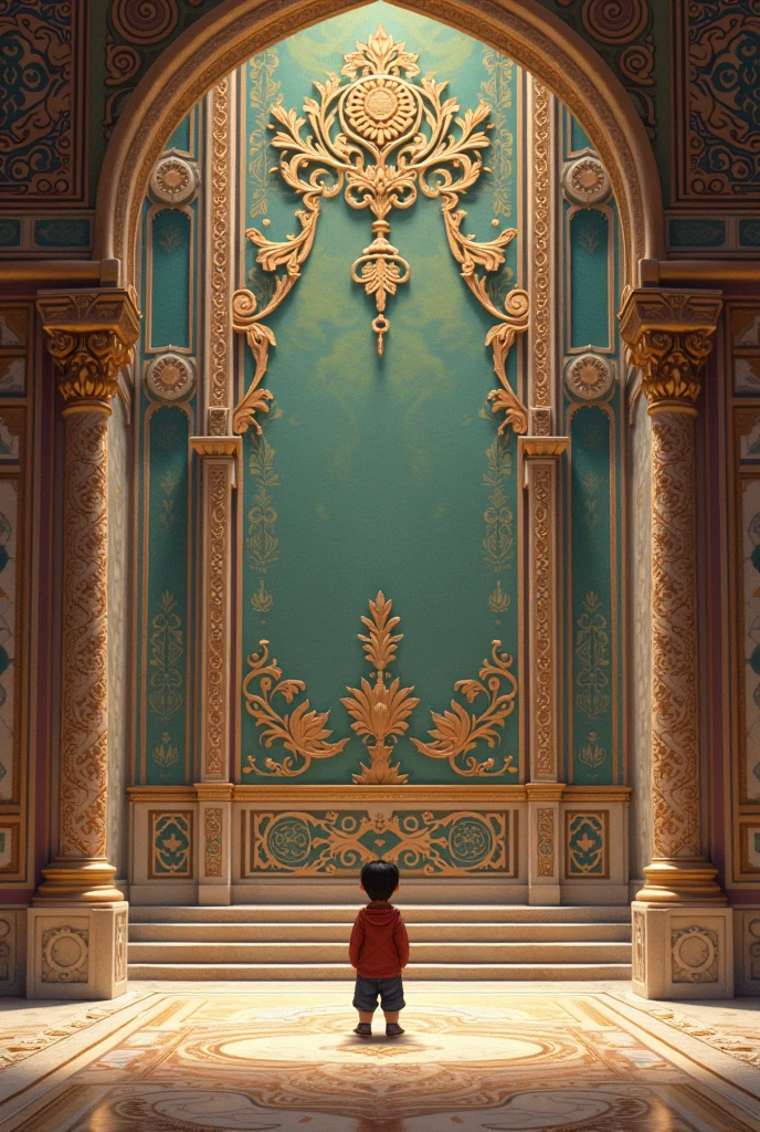 An young boy standing far to wall and looking at the beautiful wall