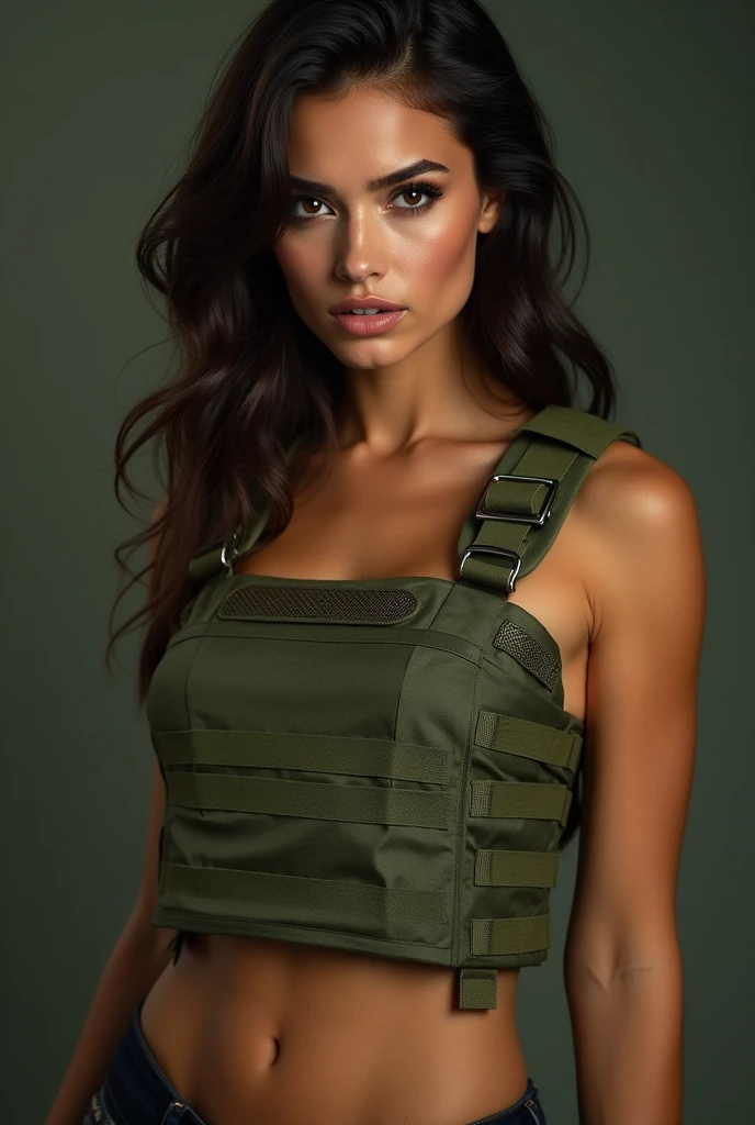 Hot girl wearing a green plate carrier and no clothes under the plate carrier