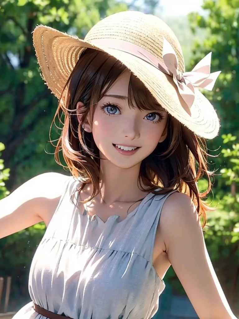 High resolution, 8k, Highest quality, detailed, Semi-realistic anime, Anime 3D Style, Smooth anime CG, One Girl, A 20-year-old Japanese woman, slim, Modeled, Shiny brown hair, detailedな顔, Beautiful and detailed, Glowing Skin, Hard Focus、Film Grain, Soft lighting, Looking at the audience, Laughter, (A cool linen dress、A large hat to protect the face), An oasis can be seen in the vast desert