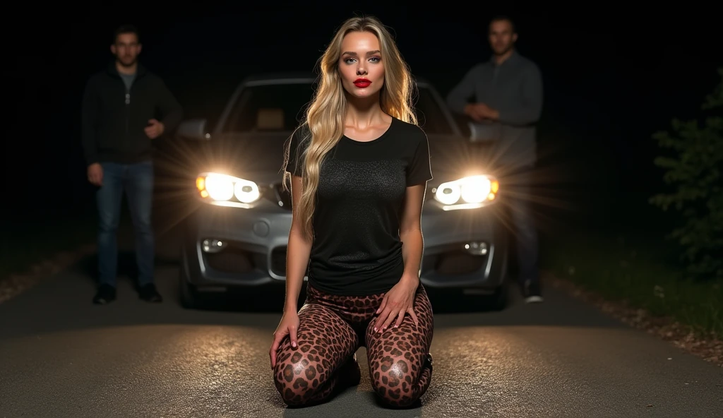 photorealism:1.2), beautiful girl blond with Nordic features, upturned nose, blue eyes, red lipstick, big big boobs, black t-shirt with long neckline, open mouth, eyes looking upwards, leopard skin leggings trasparent reveals ass leopard-pink, road kneeling in front of the car's headlights at night, husband and other man look she, wiev top profile