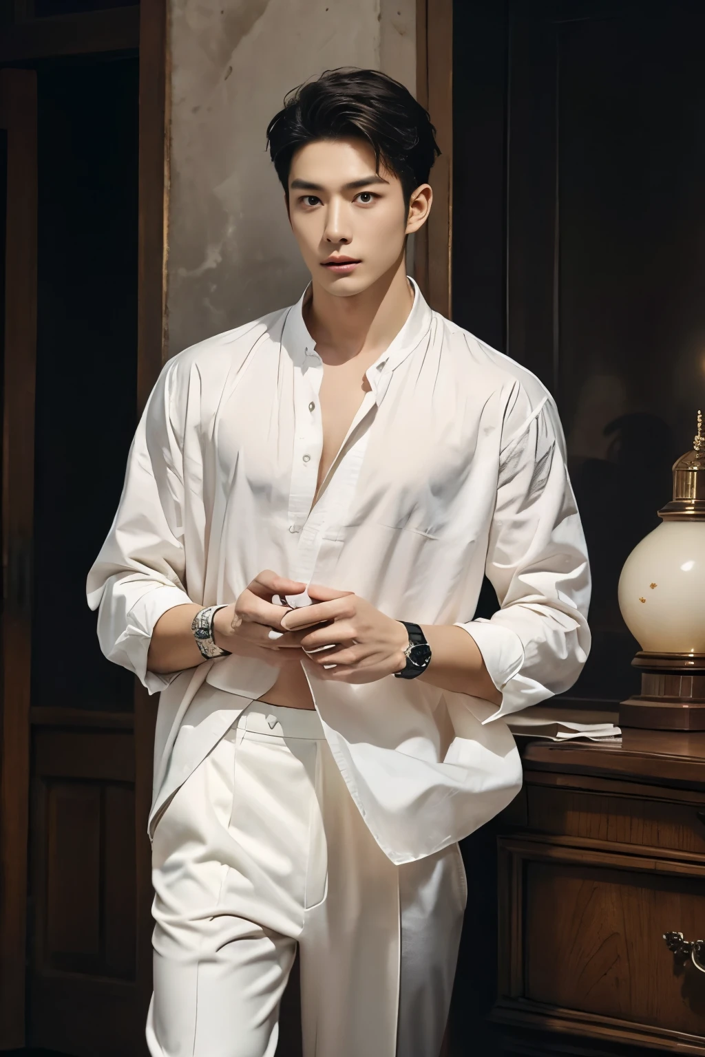 masterpiece, Best quality, realistic, a handsome Thai-Korean guy, dressed in a casual yet stylish outfit, wearing a prominently visible wristwatch. The outfit should be modern and elegant, with meticulous attention to detail in both the clothing and accessories. The wristwatch adds a touch of sophistication to his overall look